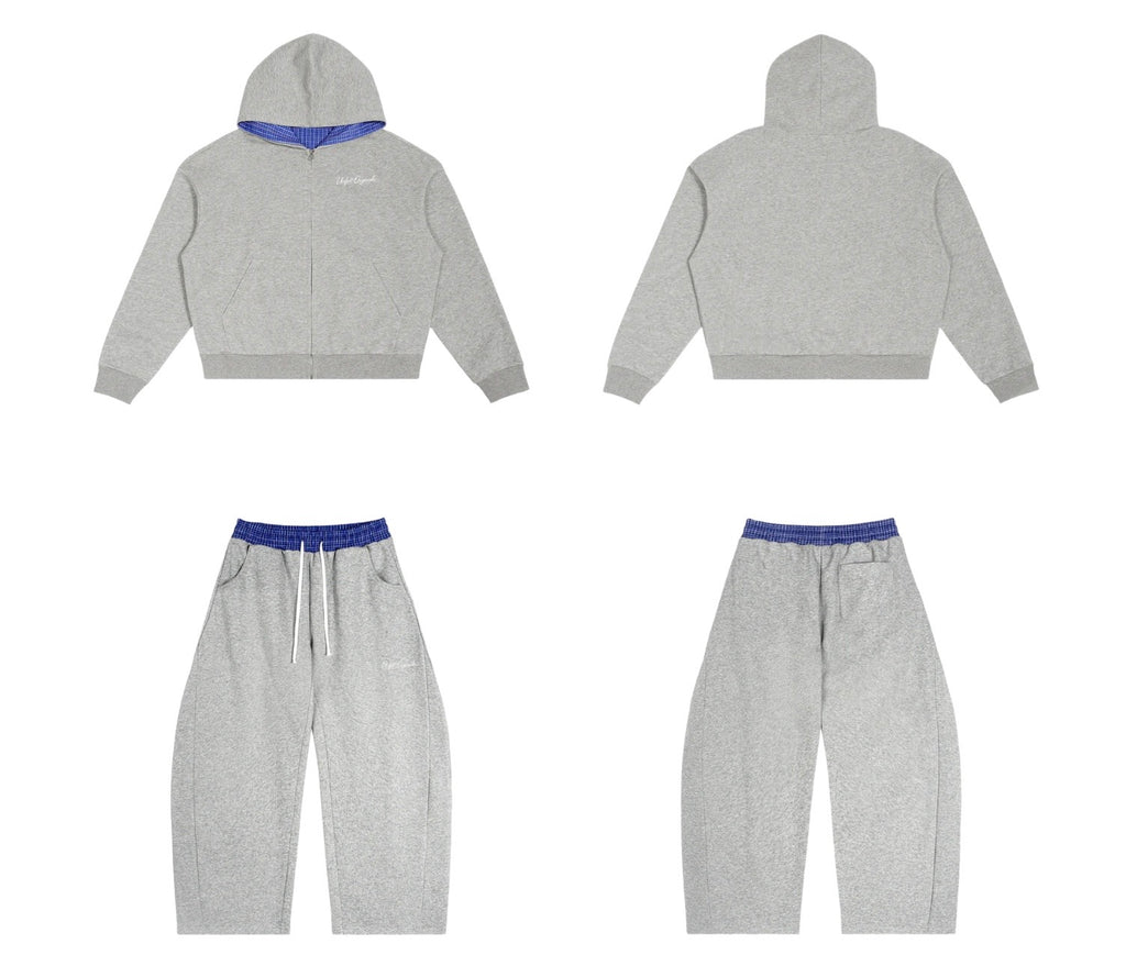 Contrast Plaid Boxy Zip Up Hoodie & Barrel Sweatpants x Unfelt Originals Set