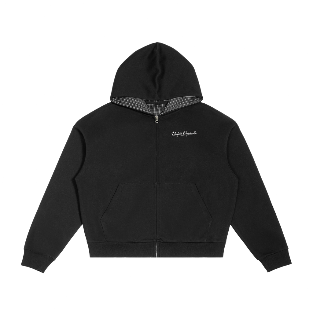 Contrast Plaid Boxy Zip Up Hoodie & Barrel Sweatpants x Unfelt Originals Set