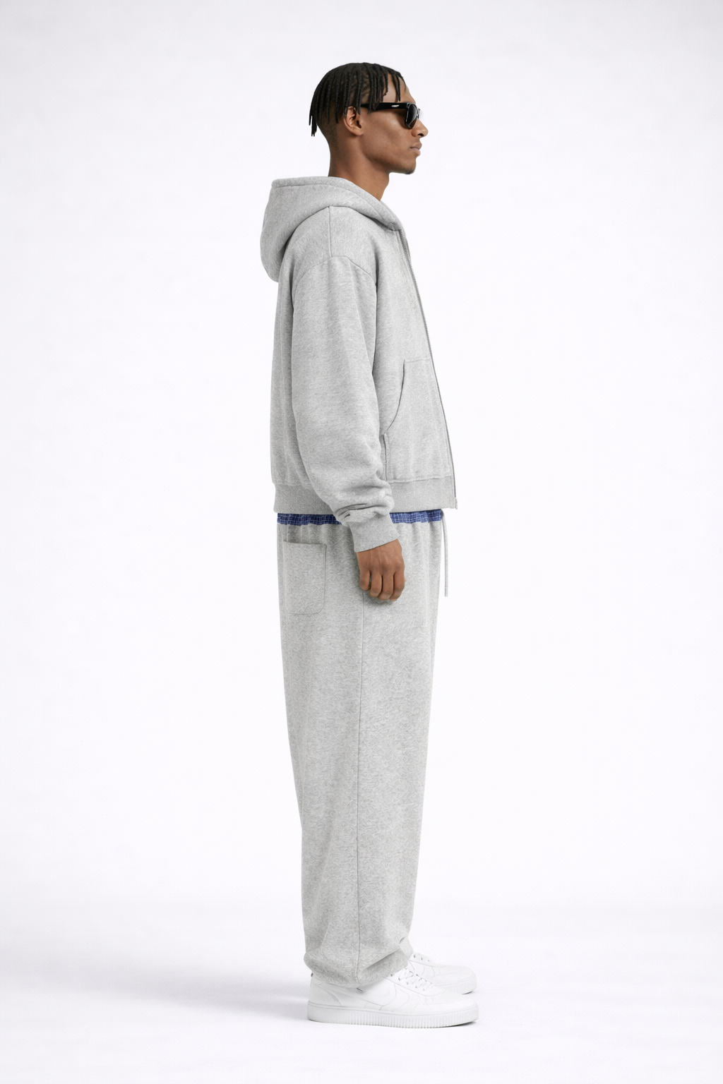 Contrast Plaid Boxy Zip Up Hoodie & Barrel Sweatpants x Unfelt Originals Set