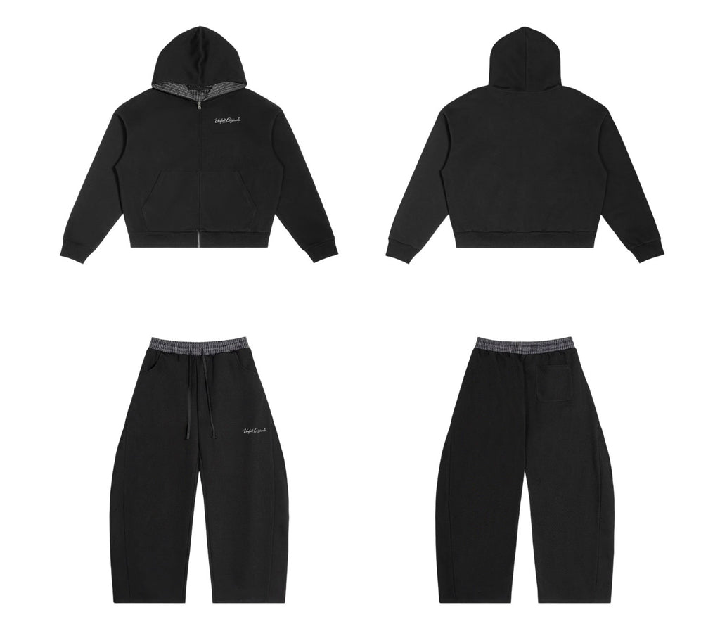 Contrast Plaid Boxy Zip Up Hoodie & Barrel Sweatpants x Unfelt Originals Set