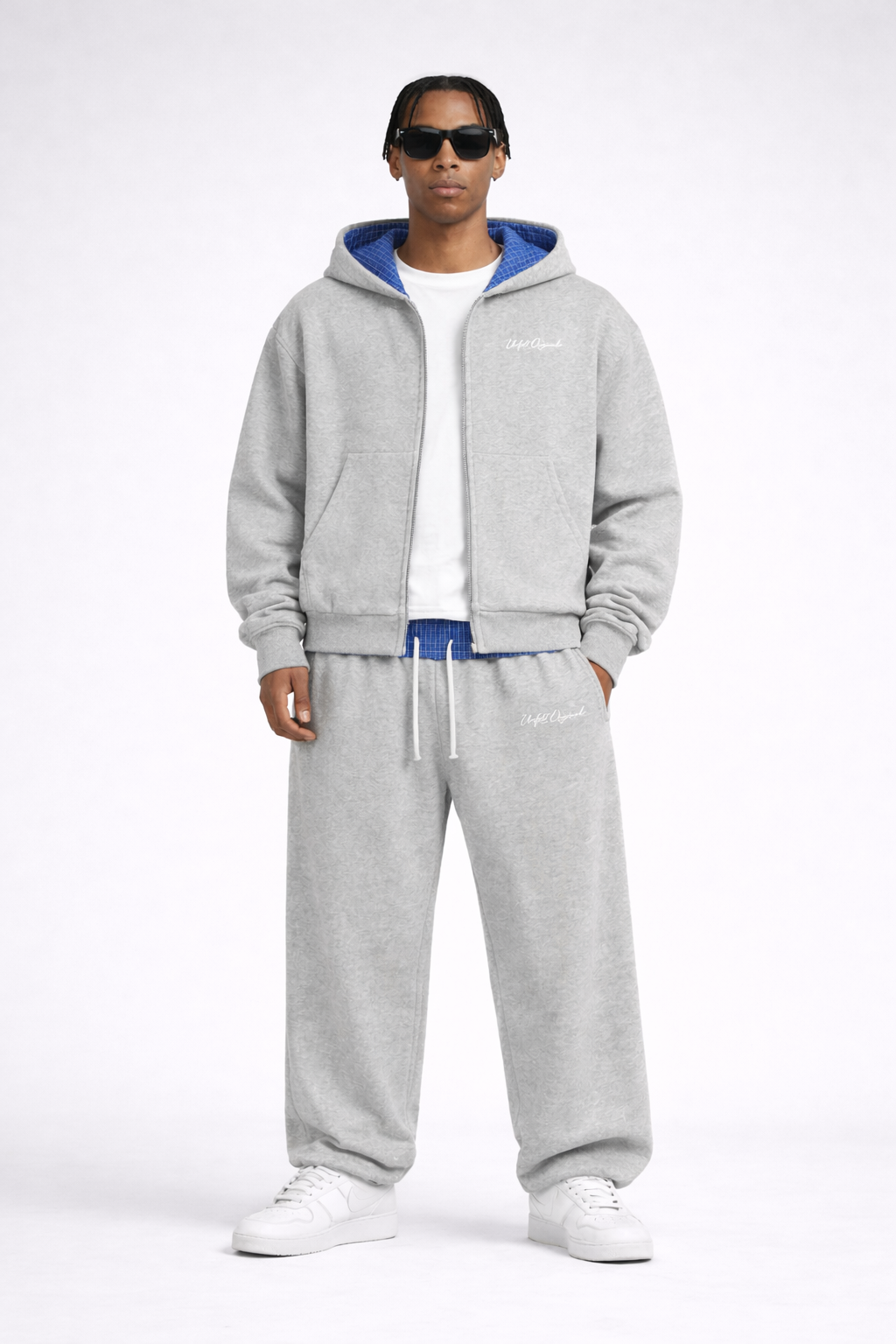 Contrast Plaid Boxy Zip Up Hoodie & Barrel Sweatpants x Unfelt Originals Set